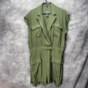 Express Utility Romper Womens L Olive Green Linen Blend Cuffed Cargo Army NWT